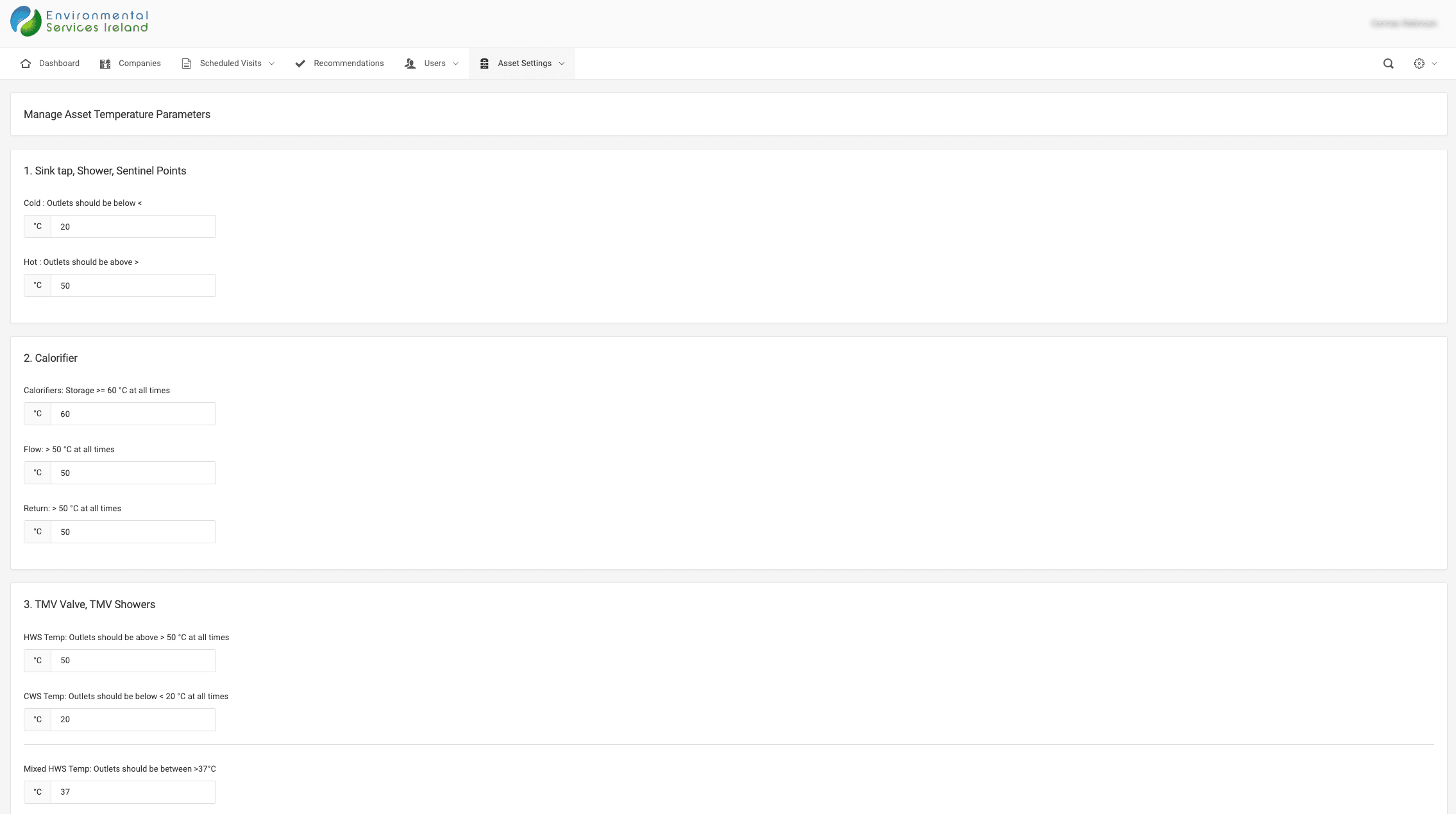 Environmental Services Control Panel Screenshot