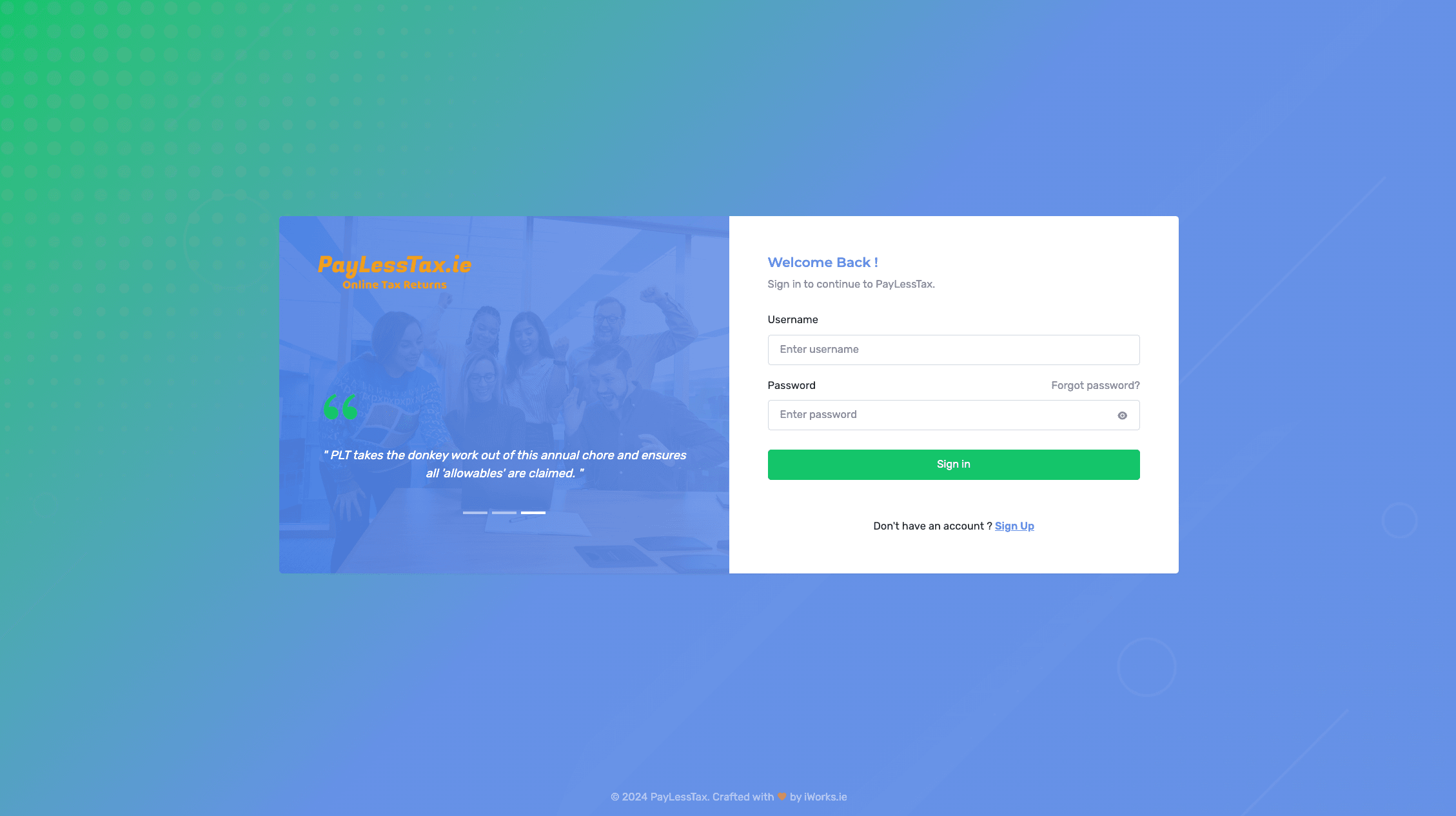 PayLessTax Control Panel Screenshot