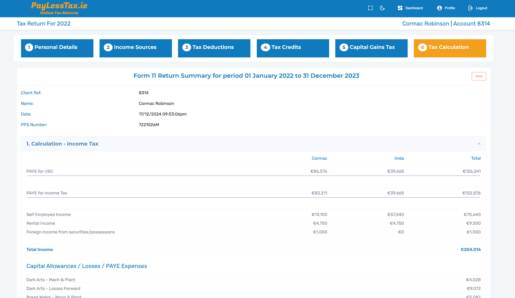 PayLessTax Control Panel Screenshot