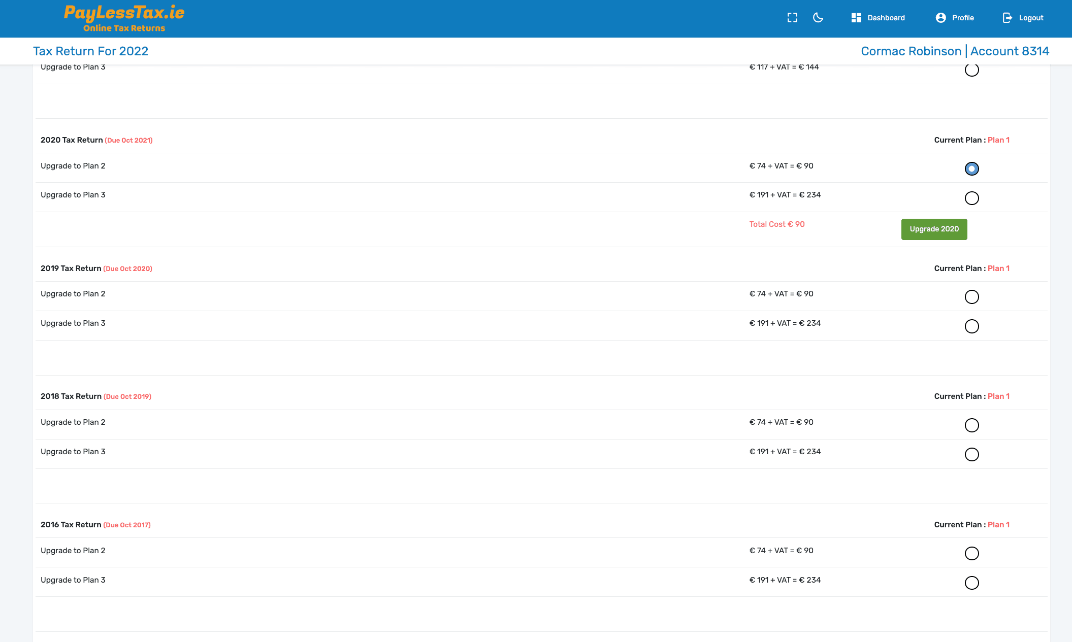 PayLessTax Control Panel Screenshot