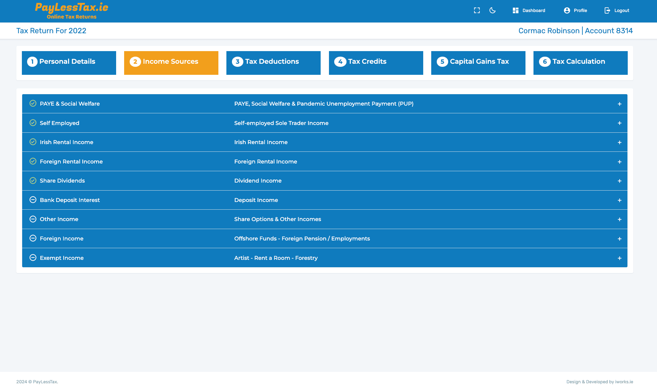 PayLessTax Control Panel Screenshot