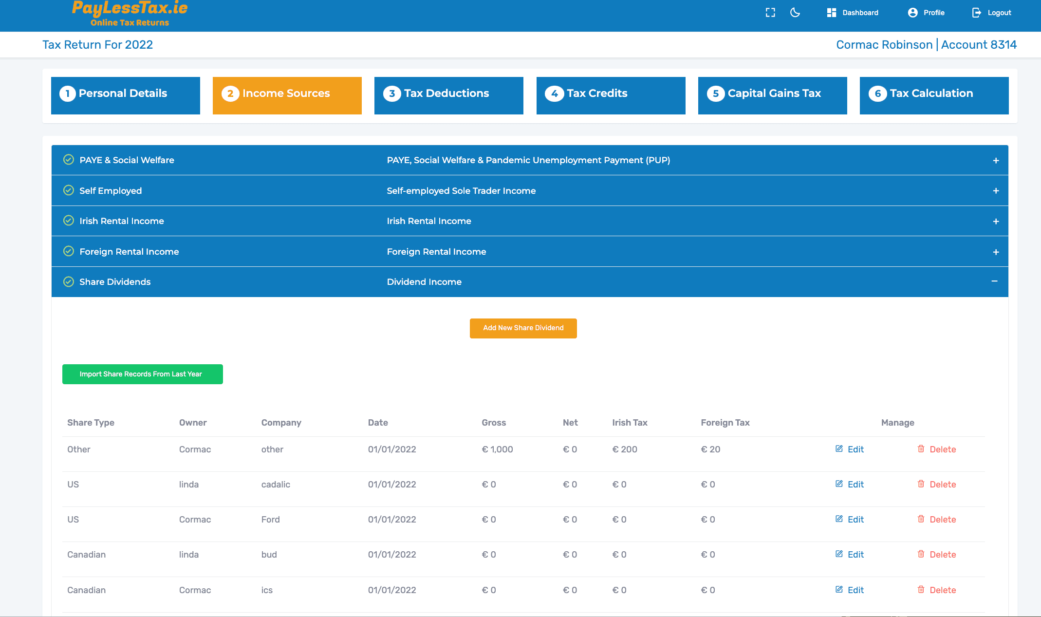 PayLessTax Control Panel Screenshot